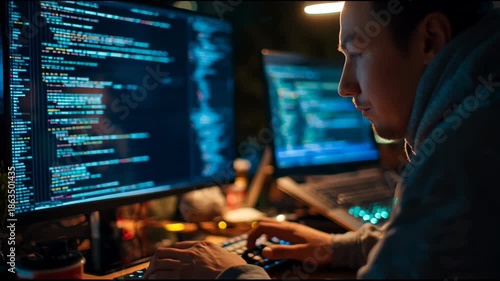 Focused Programmer Working Late on Complex Code Development