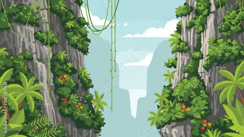 Expansive stylized tropical gorge scene showcasing dramatic, lush, vine-covered cliffs framing a distant, cascading waterfall. Vibrant jungle