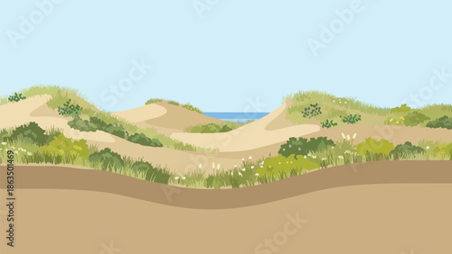 Vibrant illustration of coastal sand dunes featuring lush green vegetation and a distant serene ocean vista under a clear blue sky