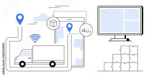 Logistics tracking. Logistics tools with GPS technology, cloud communication, and monitoring for delivery management. Logistics enhancing supply chain, efficiency, and tracking. For business