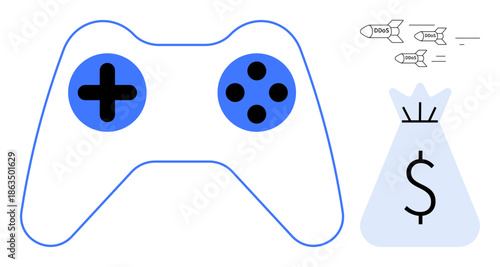 Blue game controller, money bag with dollar symbol, and missiles. Ideal for gaming finance, eSports economy, risk analysis, gaming industry trends, digital investments, and monetization concepts