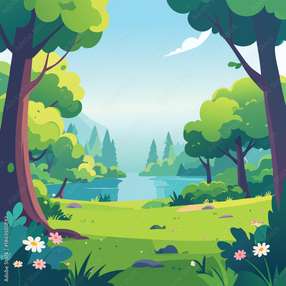 Naklejka premium A vibrant cartoon illustration of a rural summer landscape featuring green hills, a flowing river, and lush trees under a sunny sky with clouds over a flowery meadow and mountain