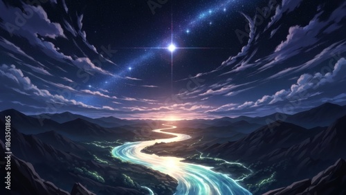 Serene River Flows Under Starry Celestial Sky with Glowing Horizon