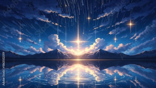 Celestial spectacle Glowing star showers illuminate majestic mountains reflected in a tranquil, starry lake under a twilight sky