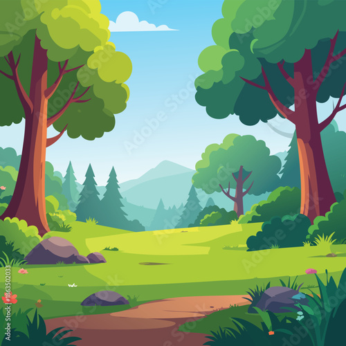 Cartoon vector illustration of a summer landscape with green trees, mountains, and a river flowing through a rural meadow under a cloudy blue sky