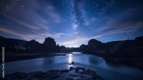 A celestial display as the magnificent Milky Way galaxy arcs across the vast dark sky, its brilliant starry light reflecting beautifully in the serene waters of a tranquil lake at night