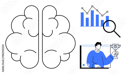 Brain representing intelligence with data chart trends and magnifying glass for analysis. Man in virtual setting holding trophy. Ideal for AI, education, innovation, analytics, success, technology