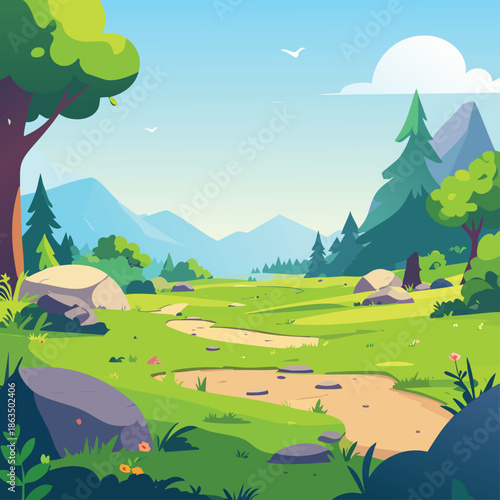 Vector illustration of a green mountain landscape with trees, forest, hills, meadow, sky, clouds, and sun in a peaceful countryside scene