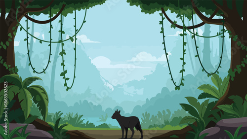 Vibrant illustration of a lush tropical jungle, featuring a dark animal on a path, surrounded by dense foliage and distant misty mountains under a