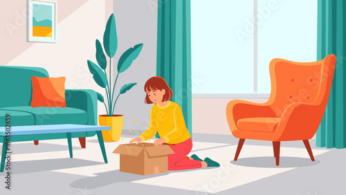 Woman unpacking box in living room