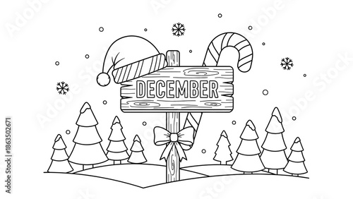 December signboard with christmas hat and candy cane