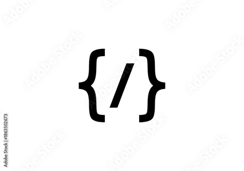 Vector hand sign with arrow Black curly braces with forward slash symbol, a minimalist programming code icon.