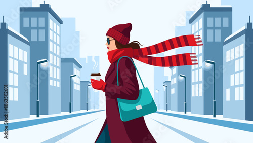 Woman walking down the street with coffee in hand during winter