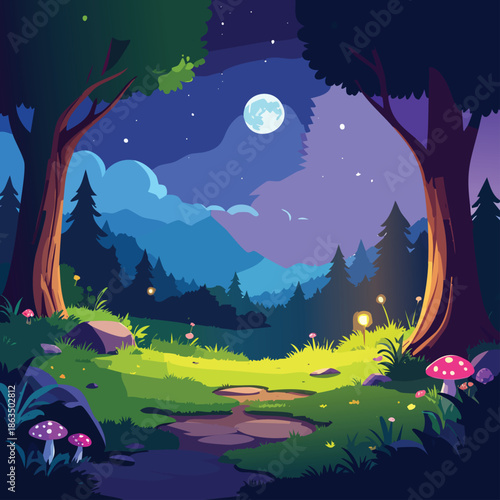 A dark night forest landscape under a full moon and blue starry sky features tree silhouettes and green grass in a nature illustration