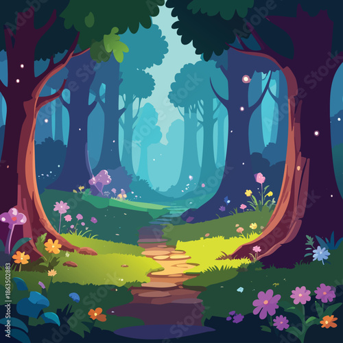 Fairy tale castle in a magical forest landscape with trees and moonlight at night