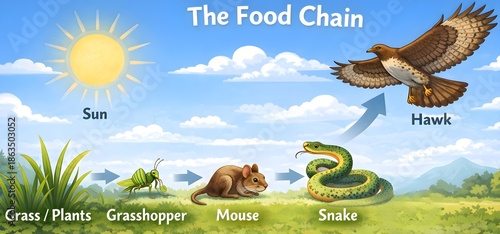 Simple Food Chain with Energy Flow Arrows