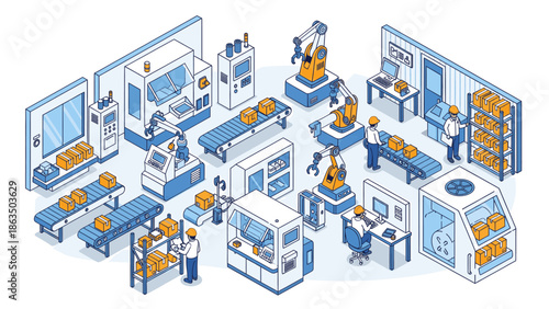 Manufacturing facility with workers and machinery