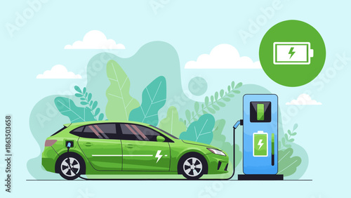 Electric car charging at eco friendly station