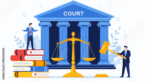 Lawyer standing on books near court building with gavel and scales