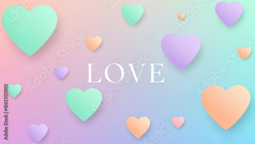 Pastel colorful hearts on gradient background with love text symbolizing affection
