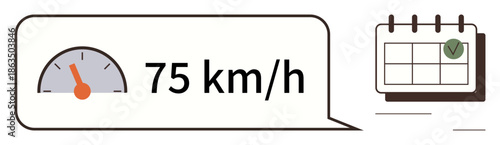 Speed tracking, movement monitoring, time management, planning, productivity, scheduling. Speedometer showing 75 kmh and a marked calendar. Speed tracking and time management concept