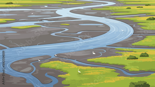 Winding river flowing through marshland landscape abundant green vegetation dark mudflats and white wading birds creating a serene wetland ecosystem