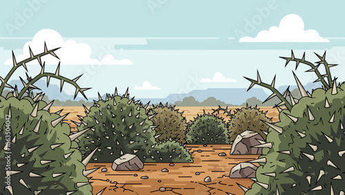 Arid desert landscape cartoon with spiky green bushes, dry cracked earth, rocks, and distant mountains.