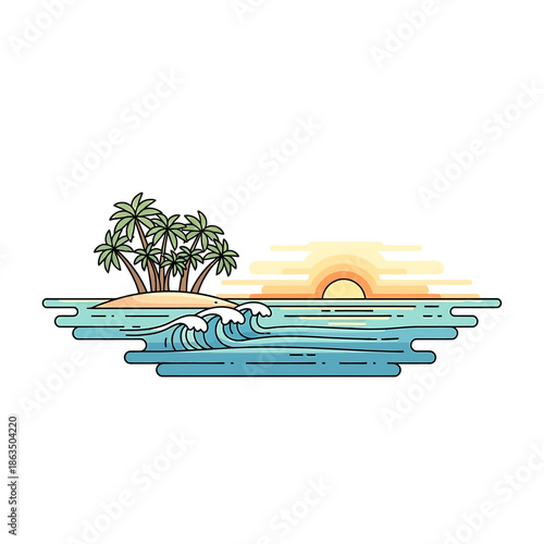 Tropical island with palm trees and ocean waves at sunset.