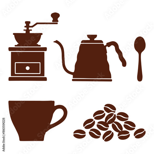 Coffee brewing equipment set vector illustration including grinder kettle cup