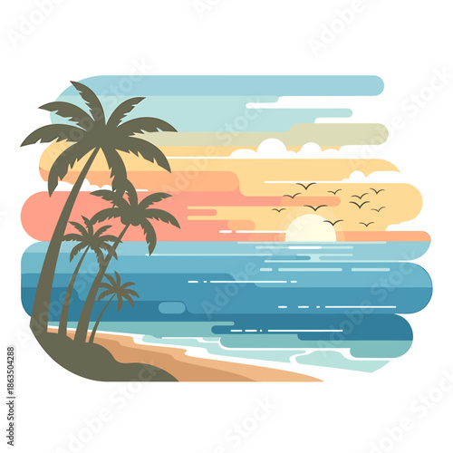 Tropical beach scene with palm trees and sunset.