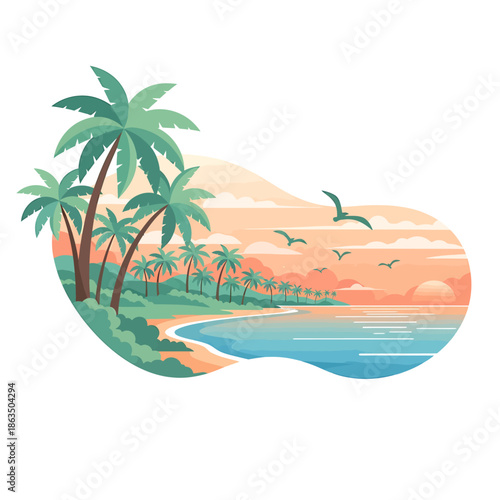 Tropical beach scene with palm trees and seagulls at sunset.