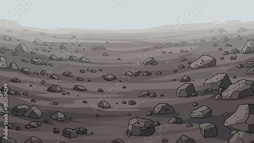 A vast desolate landscape strewn with diverse grey rocks under a muted, hazy sky, illustrating a stark, uninhabited planetary surface or extreme