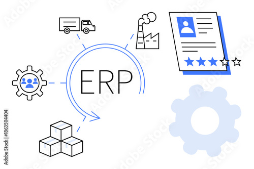 ERP system connecting gear, factory, truck, blocks, and profile for process automation. Ideal for business management, logistics, productivity, data control resource planning automation