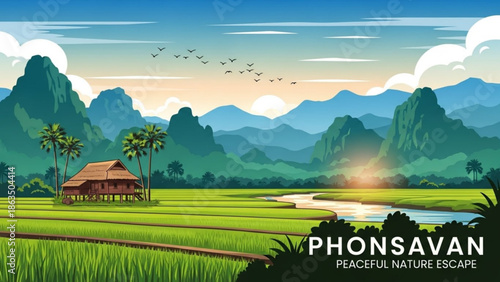 Serene landscape with rice fields, mountains, and a small house at sunrise or sunset with palm trees and a river with peaceful and nature and escape with scenic