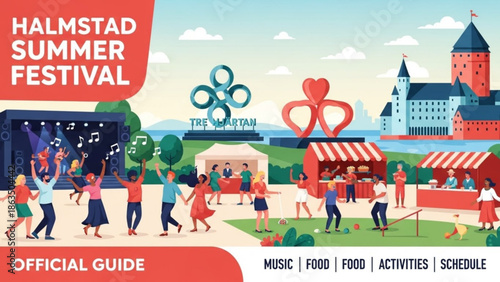 Vibrant summer festival scene with people enjoying music food and activities in front of a castle illustration with outdoor event and music festival with travel