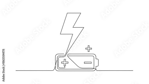Simple line art illustration of a battery being charged with a lightning bolt symbolizing power and energy transfer with charging and electricity with device