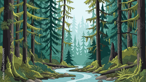 Vibrant vector illustration of a peaceful woodland river flowing through a lush, dense forest with towering pine trees adorned with hanging moss and