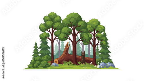 An enchanting digital illustration depicts a tranquil woodland scene featuring lush green trees, a rustic fallen log, and a solitary bear enjoying