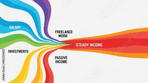 Multiple income streams merging into steady income flow, salary, investments, freelance work, and passive income combining into single financial stream