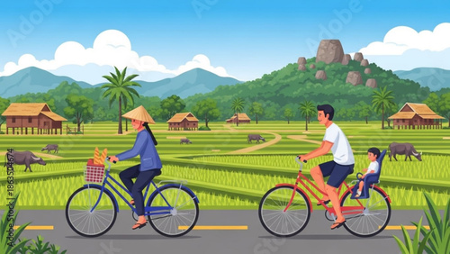Family cycling together on a rural road with rice fields and mountains in the background on a sunny day with clear blue sky and white clouds with landscape