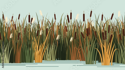 A tranquil illustration of a dense marshland habitat, brimming with tall cattails and diverse aquatic reeds rising from calm, shallow waters