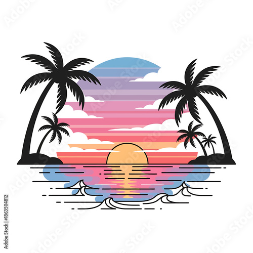 Vibrant tropical sunset scene with palm tree silhouettes, colorful sky, and ocean waves reflecting the sun.
