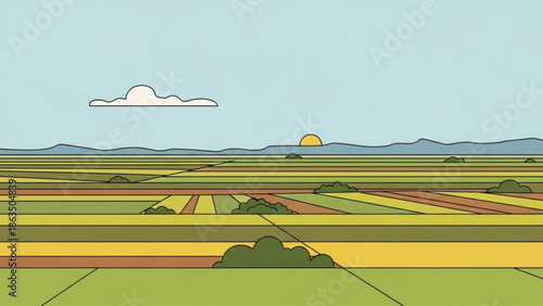 Agricultural landscape with fields and mountains at sunrise or sunset, rural scenery with green and yellow fields, cartoon style with agriculture with farming
