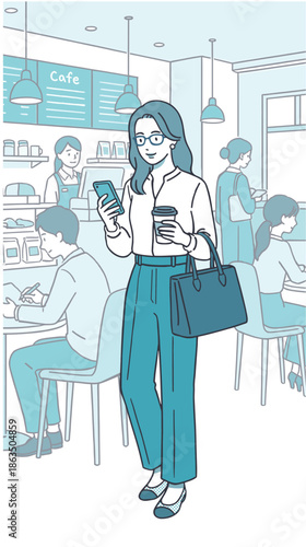 カフェでスマートフォンを見る通勤前の女性のイラスト_日常・仕事準備
