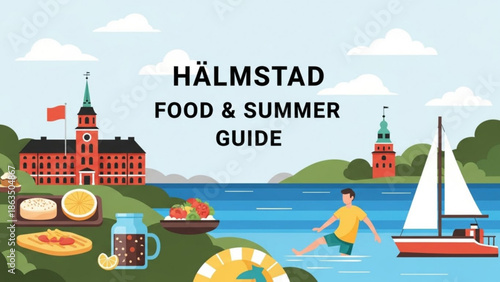 Summer vacation guide illustration with food drinks and sailing boat near halmstad sweden scenic landscape vector with food guide and travel with tourism