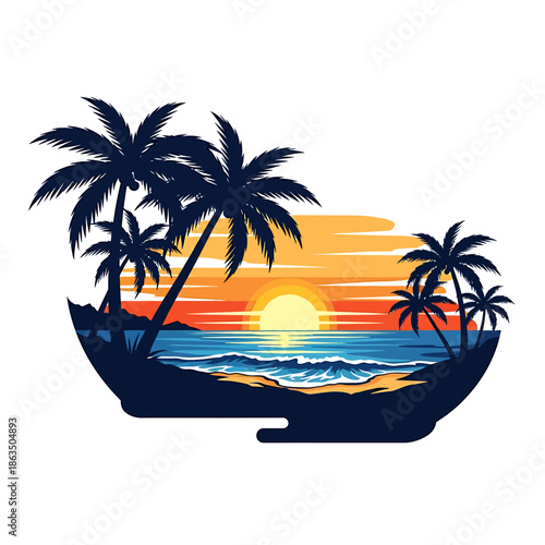 Wallpaper Mural Stylized graphic illustration of a tropical beach sunset with silhouetted palm trees and ocean waves. Torontodigital.ca