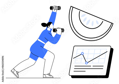 Woman lifting dumbbells in a fitness pose, accompanied by a slice of fruit and a graphical chart showing data trends. Ideal for fitness, health, exercise, nutrition, wellness, analytics, active