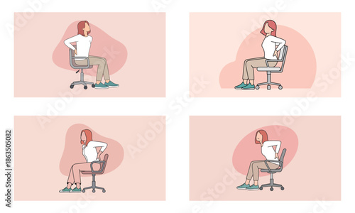 Correct sitting posture on chair shown with wrong and right positions illustration
