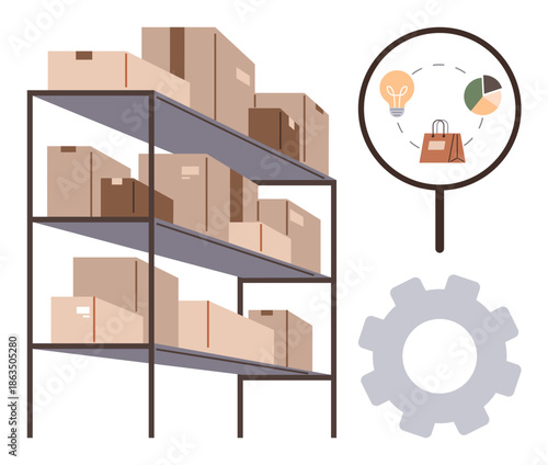 Logistics, inventory management, e-commerce, shipping, supply chain, packaging. Shelves filled with cardboard boxes, magnifying glass with icons gear symbol. Logistics and inventory management