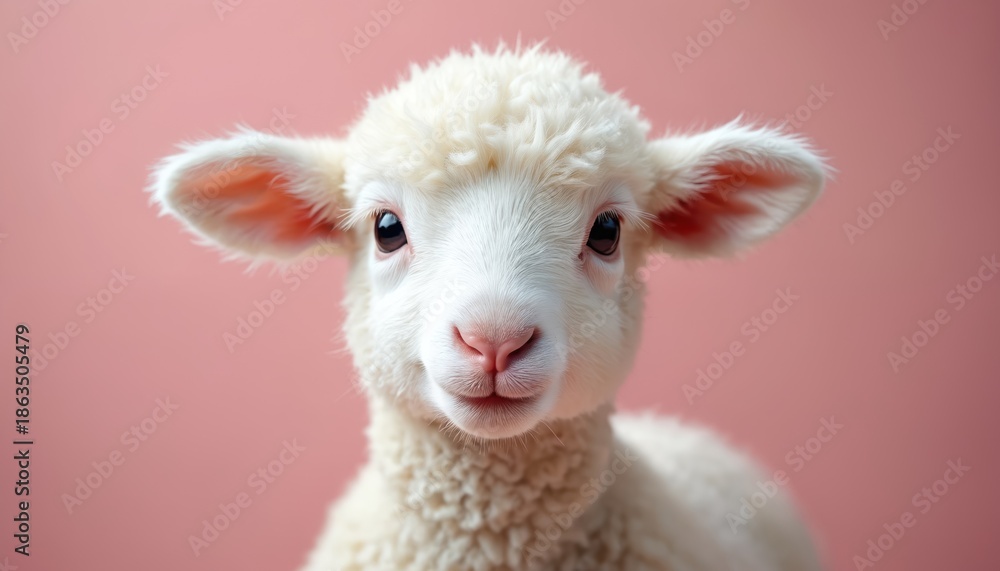 Fototapeta premium Cute fluffy white lamb with big dark eyes and pink nose looks directly at camera. Adorable young sheep with soft wool stands on plain pink background, gentle animal portrait.